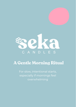 Load image into Gallery viewer, Seka Candles advertisement with brand name and tagline on a light blue background
