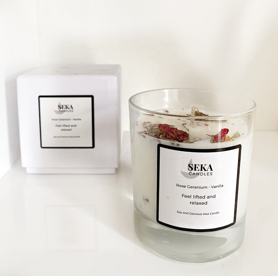 Rose Geranium and Vanilla Soy Candle, Aromatherapy Vegan Soy Wax Candle
